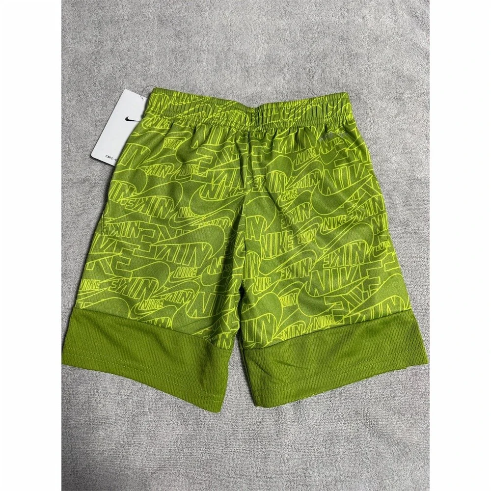 Nike Boys Athletic Shorts Size 6 Green Allover Logo Print Orange Swoosh